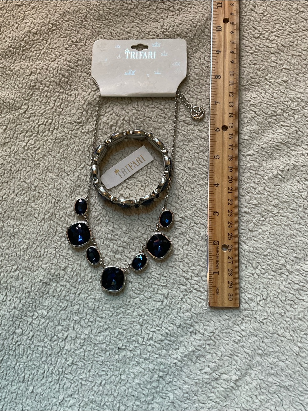 Trifari Silver-Tone Bracelet and Necklace Set with Dark Blue Stones
